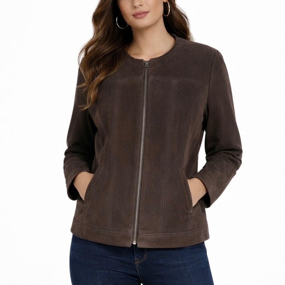 J. Jill Genuine Suede Leather Zip Jacket Walnut Brown Size S - Picture 2 of 11